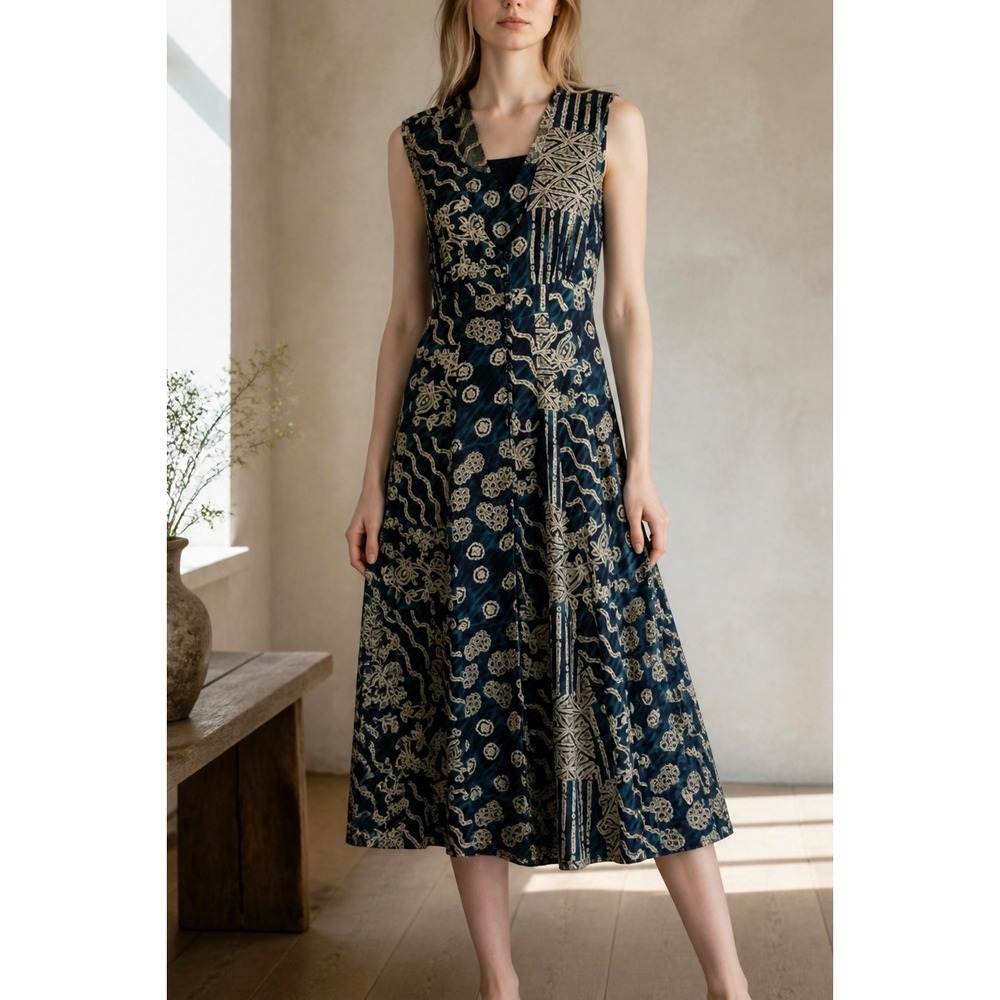 Vintage Cristin Stevens Blue Batik Floral Midi Maxi Dress M Button Front Beachy